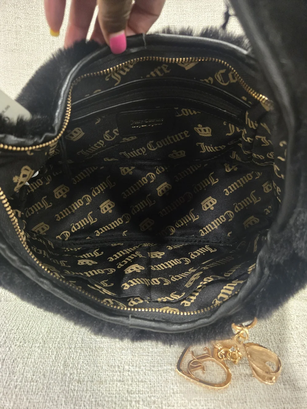 Juicy Couture Black Faux Fur Shoulder Hobo Bag